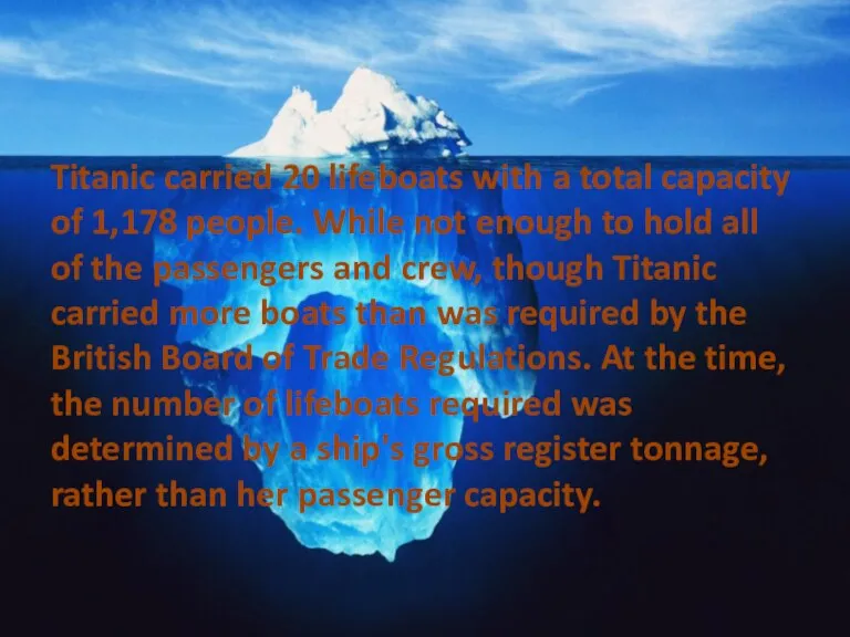 Titanic carried 20 lifeboats with a total capacity of 1,178 people. While