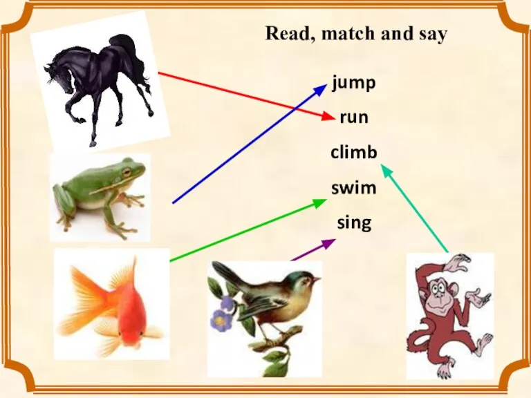 Read, match and say jump run climb swim sing