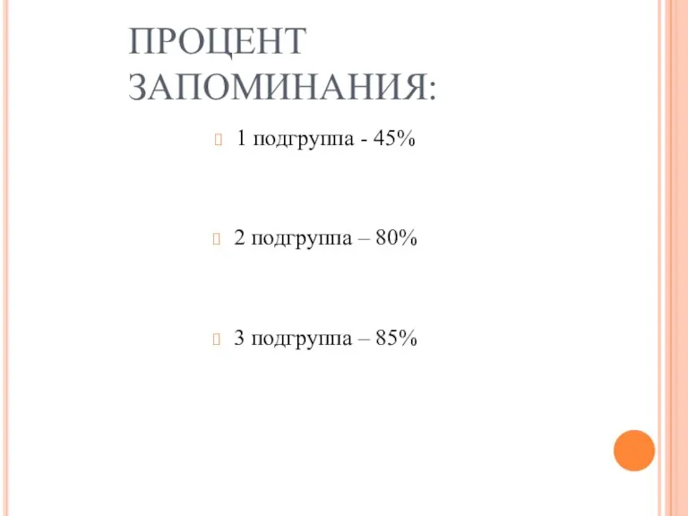 ПРОЦЕНТ ЗАПОМИНАНИЯ: 1 подгруппа - 45% 2 подгруппа – 80% 3 подгруппа – 85%