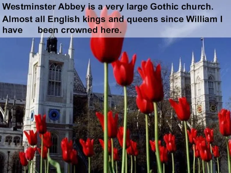 Westminster Abbey is a very large Gothic church. Almost all English kings
