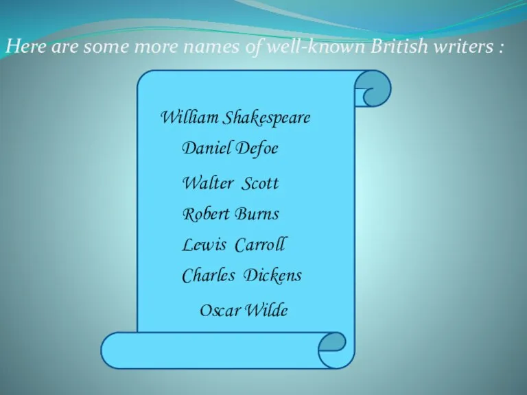 Here are some more names of well-known British writers : William Shakespeare