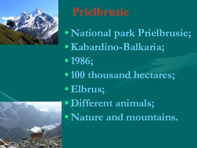 Prielbrusie National park Prielbrusie; Kabardino-Balkaria; 1986; 100 thousand hectares; Elbrus; Different animals; Nature and mountains.