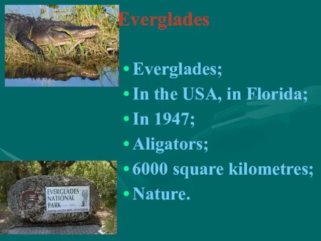 Everglades Everglades; In the USA, in Florida; In 1947; Aligators; 6000 square kilometres; Nature.