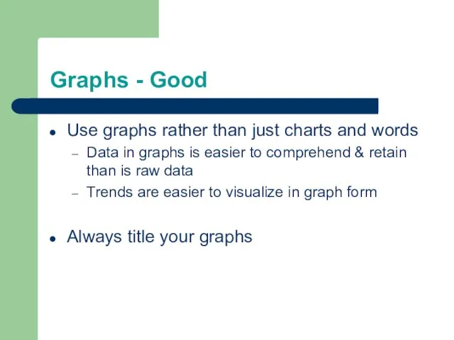 Graphs - Good Use graphs rather than just charts and words Data