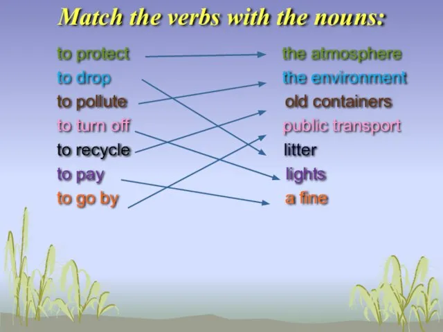 Match the verbs with the nouns: to protect the atmosphere to drop