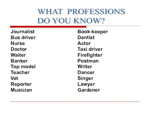 Journalist Bus driver Nurse Doctor Waiter Banker Top model Teacher Vet Reporter