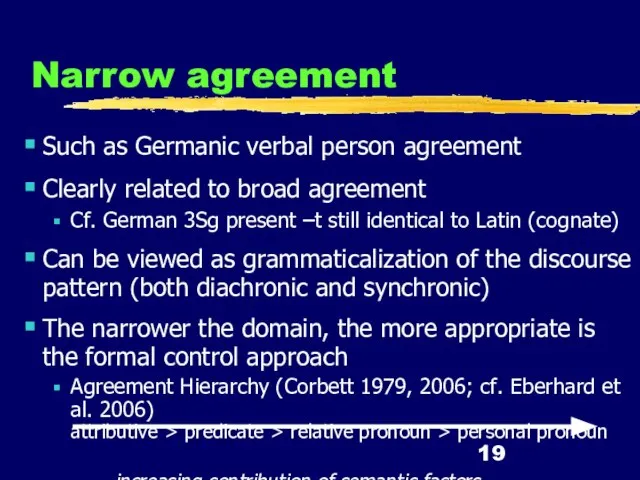 Narrow agreement Such as Germanic verbal person agreement Clearly related to broad