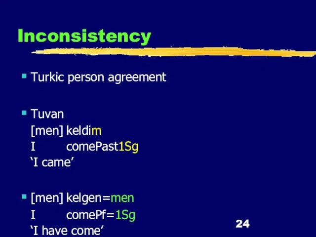 Inconsistency Turkic person agreement Tuvan [men] kel­di­m I come­Past­1Sg ‘I came’ [men]