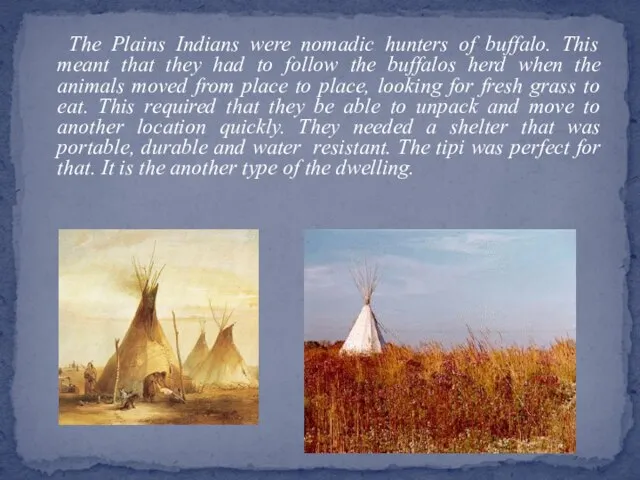 The Plains Indians were nomadic hunters of buffalo. This meant that they