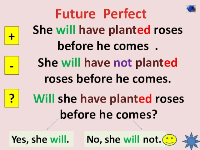 Future Perfect She will have planted roses before he comes . +