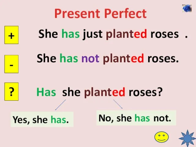 Present Perfect She has just planted roses . + - ? She