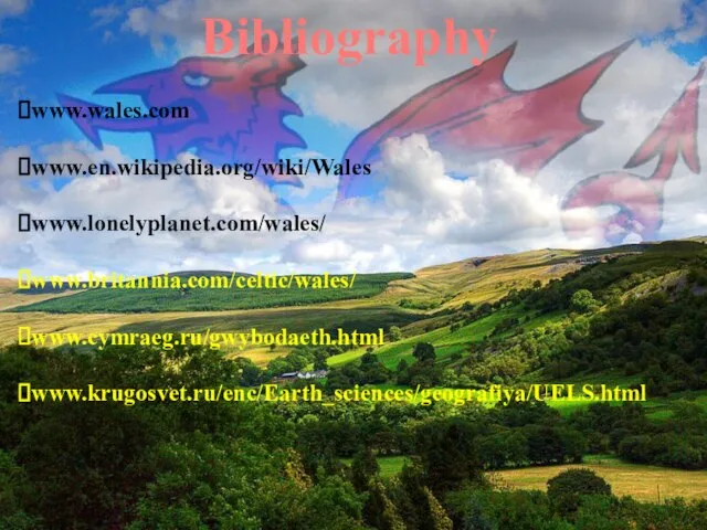 Bibliography www.wales.com www.en.wikipedia.org/wiki/Wales www.lonelyplanet.com/wales/ www.britannia.com/celtic/wales/ www.cymraeg.ru/gwybodaeth.html www.krugosvet.ru/enc/Earth_sciences/geografiya/UELS.html