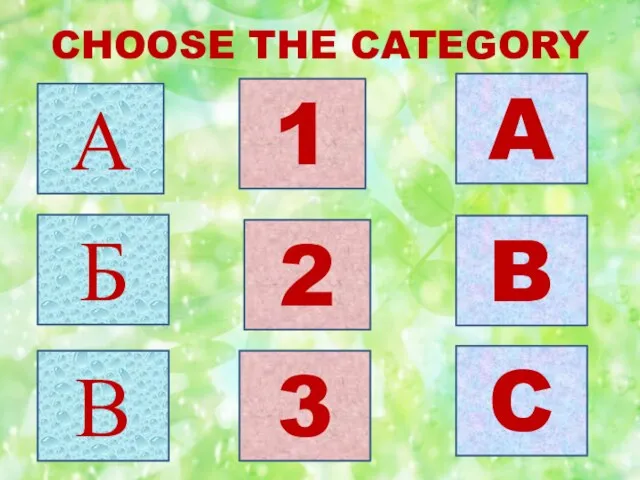 А Б В 1 2 3 A B C CHOOSE THE CATEGORY