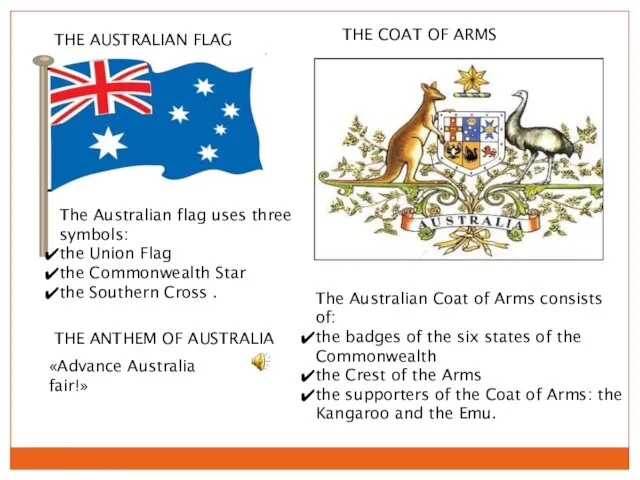 THE AUSTRALIAN FLAG THE COAT OF ARMS «Advance Australia fair!» THE ANTHEM