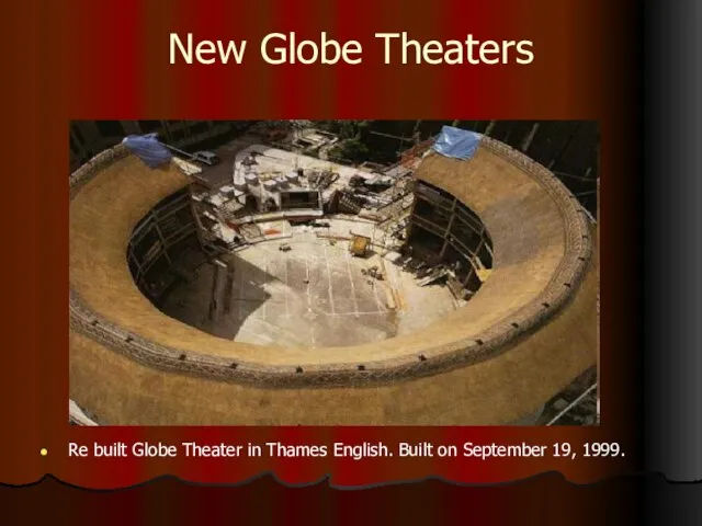 New Globe Theaters Re built Globe Theater in Thames English. Built on September 19, 1999.