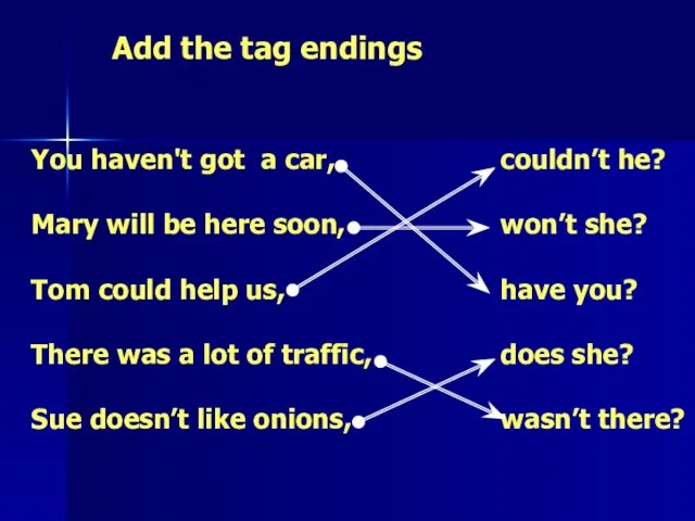 Add the tag endings You haven't got a car, Mary will be