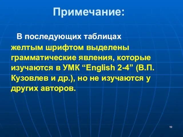 В последующих таблицах желтым шрифтом выделены грамматические явления, которые изучаются в УМК