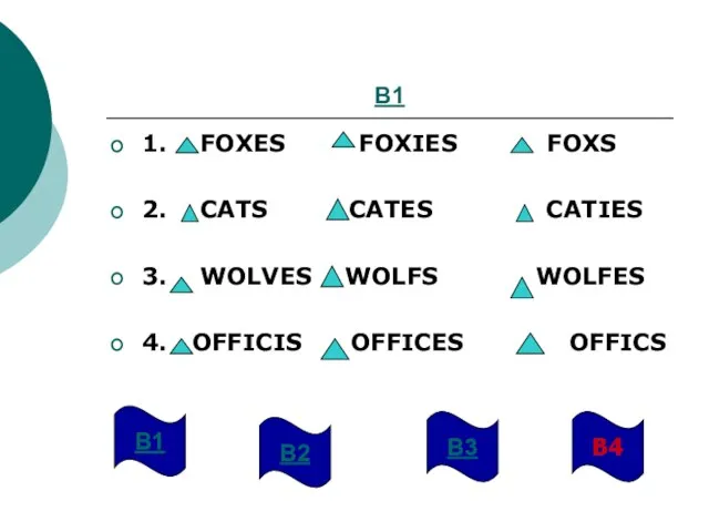 B1 1. FOXES FOXIES FOXS 2. CATS CATES CATIES 3. WOLVES WOLFS