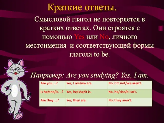 Краткие ответы. Смысловой глагол не повторяется в кратких ответах. Они строятся с