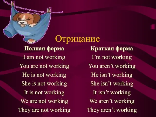 Отрицание Полная форма I am not working You are not working He