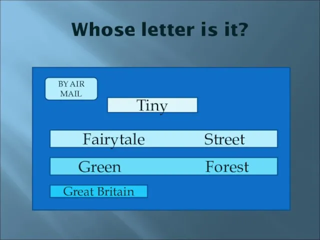 Whose letter is it? BY AIR MAIL Tiny Fairytale Street Green Forest Great Britain