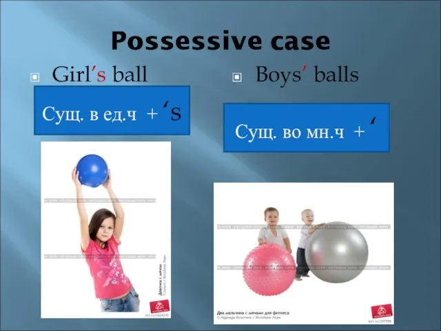 Possessive case Girl’s ball Boys’ balls Сущ. в ед.ч + ‘s Сущ. во мн.ч + ‘