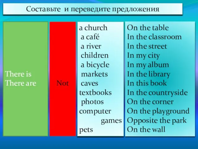 Составьте и переведите предложения There is There are Not a church a