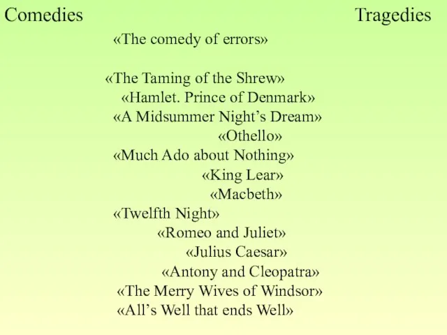 Comedies Tragedies «The comedy of errors» «The Taming of the Shrew» «Hamlet.