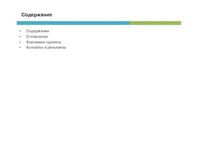 Содержание Содержание О компании Ключевые проекты Контакты и реквизиты