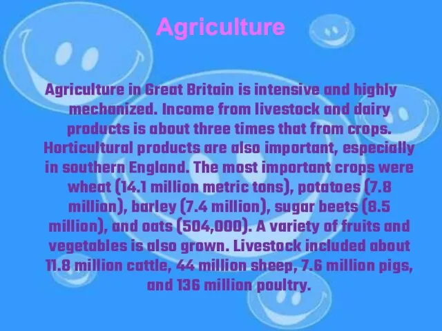 Agriculture Agriculture in Great Britain is intensive and highly mechanized. Income from