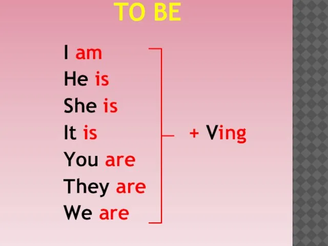 TO BE I am He is She is It is + Ving