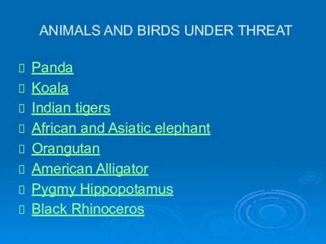 ANIMALS AND BIRDS UNDER THREAT Panda Koala Indian tigers African and Asiatic