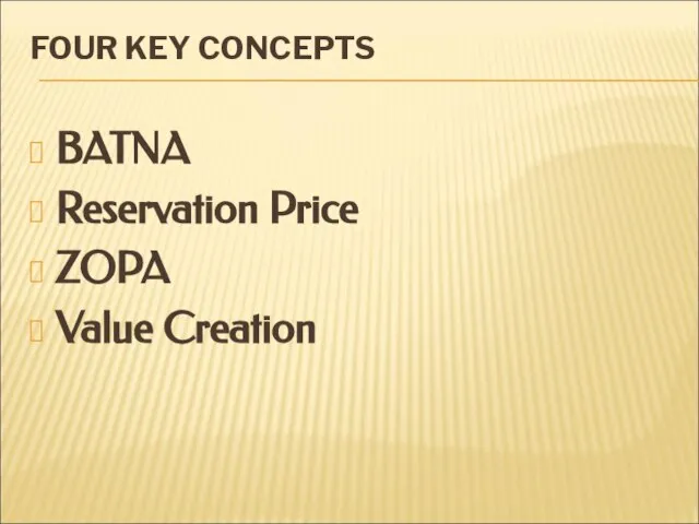 FOUR KEY CONCEPTS BATNA Reservation Price ZOPA Value Creation