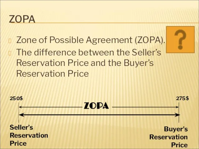 ZOPA Zone of Possible Agreement (ZOPA). The difference between the Seller’s Reservation