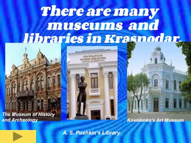 There are many museums and libraries in Krasnodar. The Museum of History