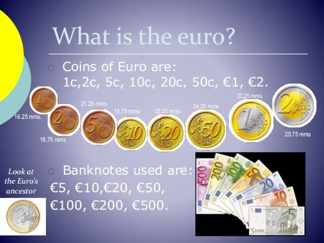 Coins of Euro are: 1c,2c, 5c, 10c, 20c, 50c, €1, €2. Banknotes