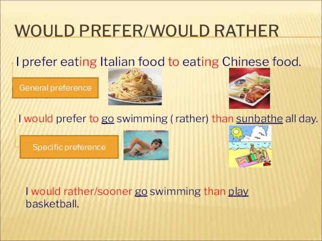 WOULD PREFER/WOULD RATHER I prefer eating Italian food to eating Chinese food.