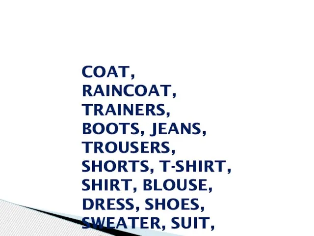 COAT, RAINCOAT, TRAINERS, BOOTS, JEANS, TROUSERS, SHORTS, T-SHIRT, SHIRT, BLOUSE, DRESS, SHOES, SWEATER, SUIT, HAT