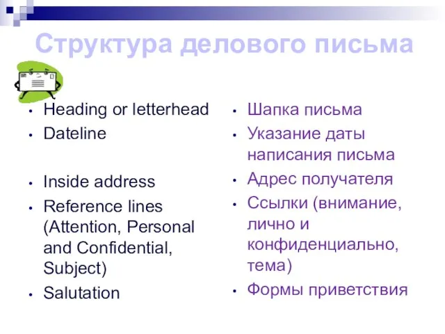 Heading or letterhead Dateline Inside address Reference lines (Attention, Personal and Confidential,