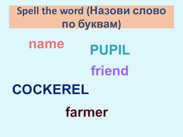 Spell the word (Назови слово по буквам) friend COCKEREL PUPIL name farmer
