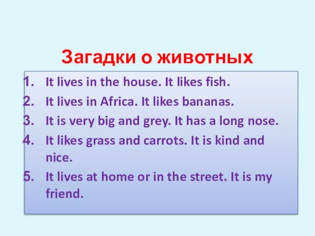 Загадки о животных It lives in the house. It likes fish. It