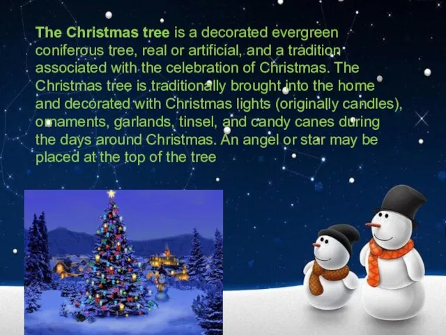 The Christmas tree is a decorated evergreen coniferous tree, real or artificial,