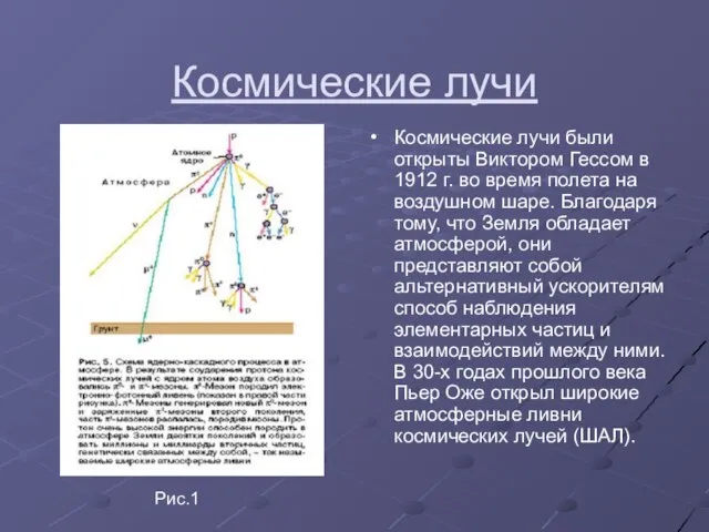 Космические лучи Космические лучи были открыты Виктором Гессом в 1912 г. во