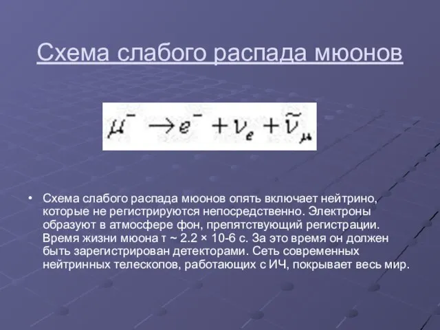 Схема слабого распада мюонов Схема слабого распада мюонов опять включает нейтрино, которые