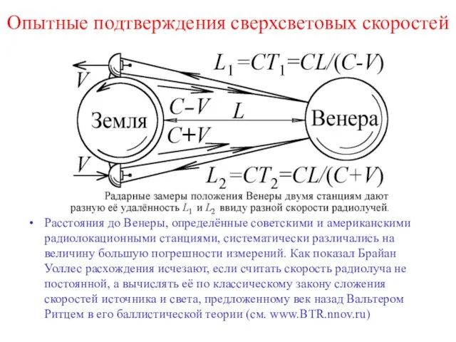 Опытные подтверждения сверхсветовых скоростей Расстояния до Венеры, определённые советскими и американскими радиолокационными