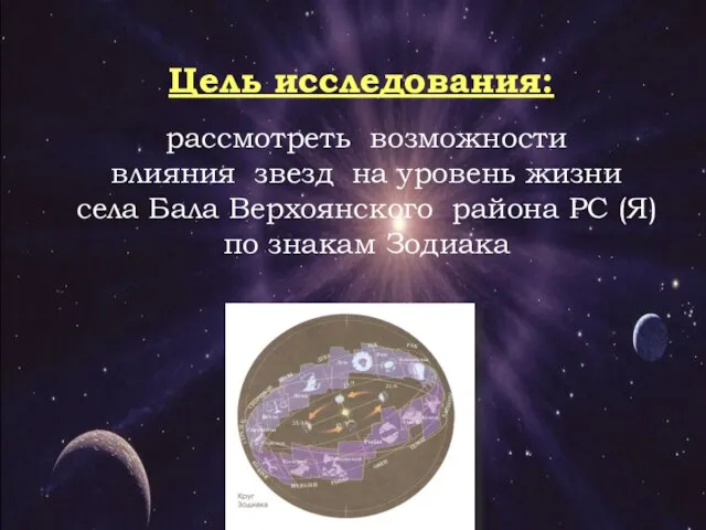 Цель исследования: рассмотреть возможности влияния звезд на уровень жизни села Бала Верхоянского