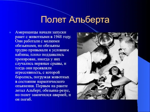 Полет Альберта Американцы начали запуски ракет с животными в 1948 году. Они