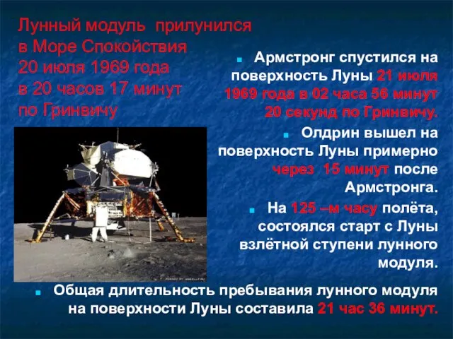 Лунный модуль прилунился в Море Спокойствия 20 июля 1969 года в 20