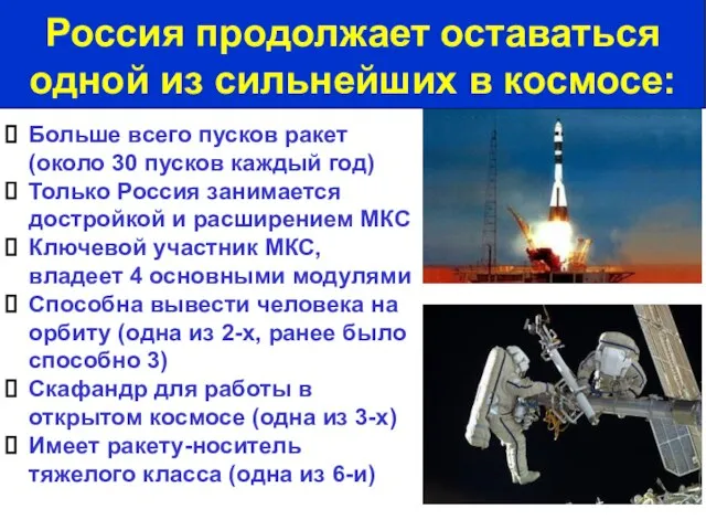 Больше всего пусков ракет (около 30 пусков каждый год) Только Россия занимается