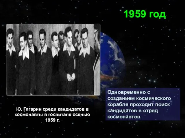 Одновременно с созданием космического корабля проходит поиск кандидатов в отряд космонавтов. 1959